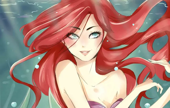 Picture eyes, look, hands, art, painting, Ariel, the little mermaid, red hair