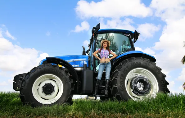 Picture girl, jeans, tractor, farmer