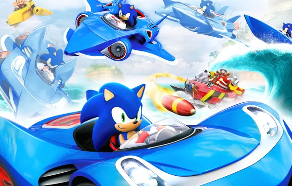 Picture machine, the plane, wave, boat, Sonic, Professor, Sonic, Eggman, Sonic &amp; All-Stars Racing Transformed, Doctor …