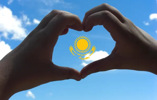 Picture the sky, the sun, eagle, heart, hands, flag, Kazakhstan, made it myself (=