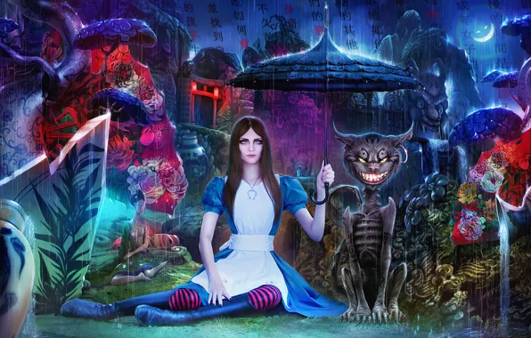 Picture cat, girl, rain, umbrella, Cheshire cat, art, wonderland, alice, madness returns, Alice: Madness Returns