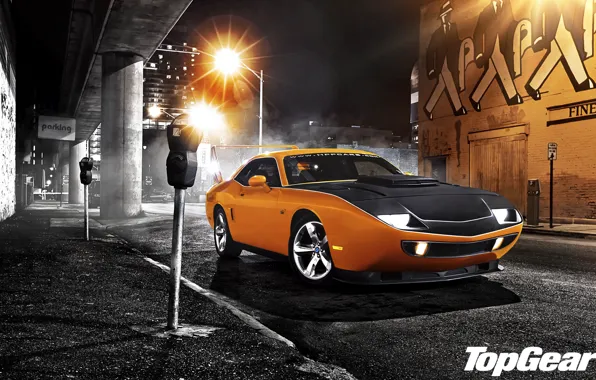 Picture night, orange, street, tuning, lantern, Top Gear, Dodge, Challenger, muscle car, tuning, the front, the …