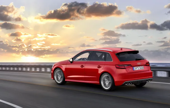 Picture road, the sky, asphalt, clouds, sunset, red, photo, Audi, dawn, Audi, car, Sportback, 2013