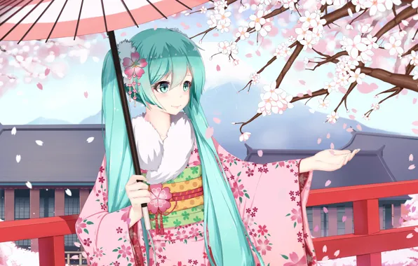 Picture girl, smile, umbrella, anime, petals, Sakura, art, kimono, vocaloid, hatsune miku, sugar sound