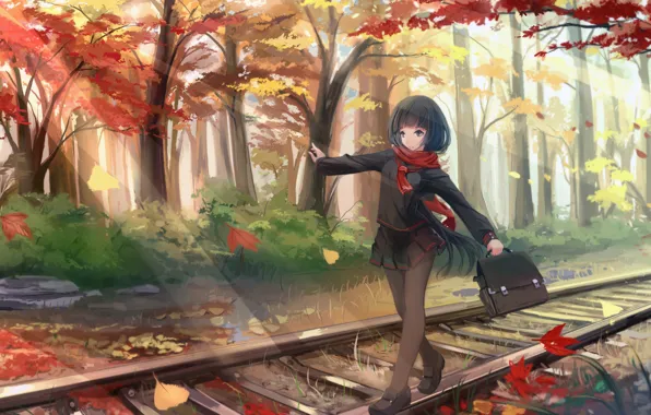 Picture autumn, leaves, girl, trees, the way, anime, art, form, schoolgirl, kikivi