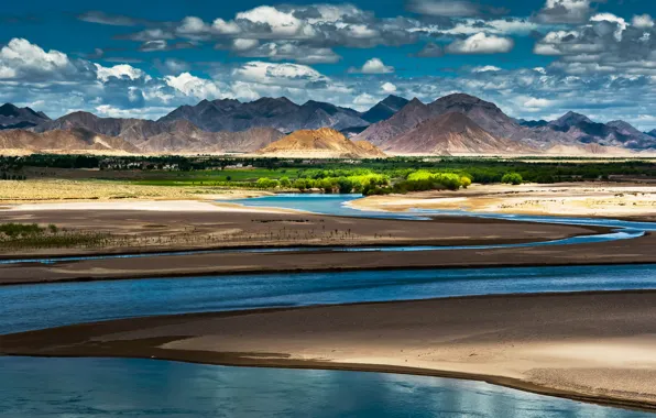 Picture the sky, clouds, light, mountains, river, China, shadows, oasis, china, Tibet, tibet