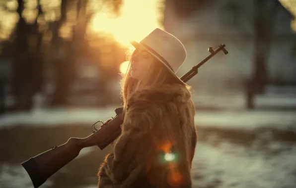 Picture girl, face, dawn, hat, fur, rifle, Marta