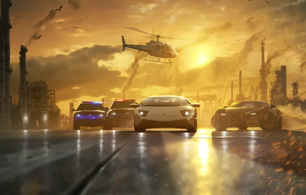 Picture road, sunset, machine, pipe, race, smoke, police, chase, art, helicopter, Need for Speed, Most Wanted