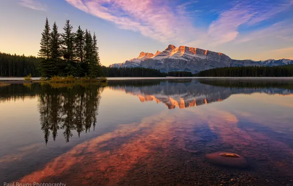Picture forest, the sky, clouds, reflection, sunset, mountains, lake, the evening, Canada, Banff national Park, Jack …