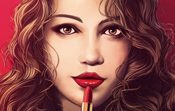 Picture look, girl, face, hair, lipstick, art, painting, red lips