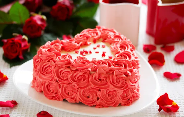 Picture love, holiday, tea, heart, coffee, food, roses, bouquet, Cup, cake, love, rose, cake, cream, dessert, …