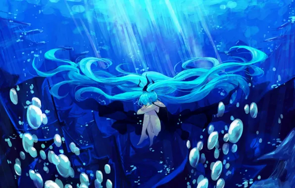Picture girl, light, bubbles, the ocean, hair, ship, art, vocaloid, hatsune miku, under water, Vocaloid, lyrah777