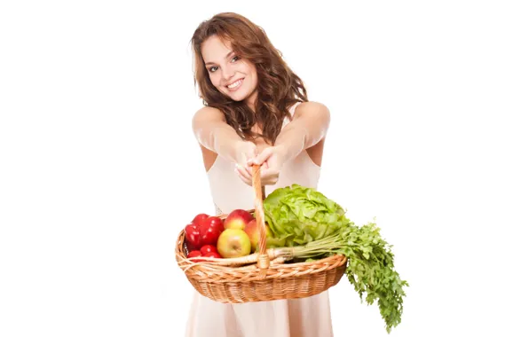 Picture girl, red, smile, mood, basket, apples, dress, hairstyle, white background, pepper, brown hair, fruit, vegetables, …