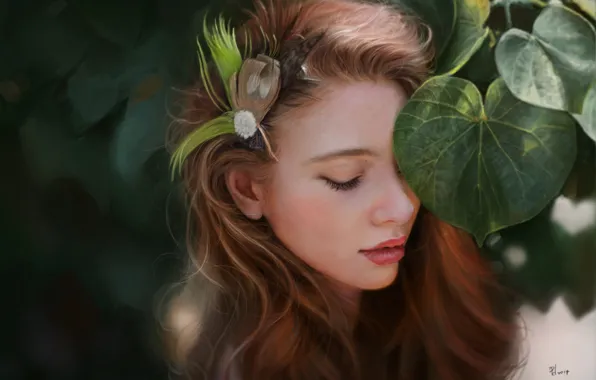Picture leaves, girl, face, foliage, feathers, art, barrette