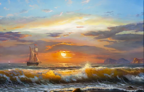 Picture sea, wave, the sky, clouds, landscape, sunset, sailboat, waves, sky, sea, landscape, sunset, clouds, sunlight, …