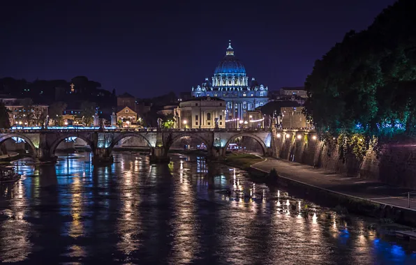 Picture night, bridge, lights, river, Rome, Italy, The Tiber, St. Peter's Cathedral