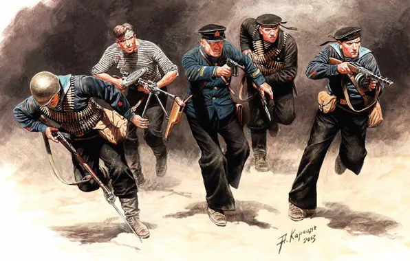 Picture art, soldiers, USSR, the battle, sea, WWII, infantry, WW2, A. Karashchuk., black jackets, htonic