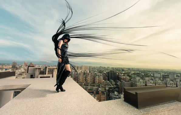 Picture roof, girl, the city, the wind, hair, Dark Angel