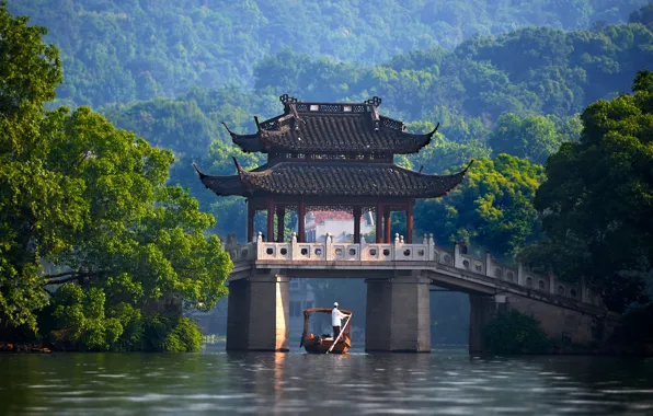 Picture trees, bridge, river, boat, China, China, pavilion