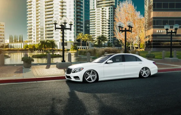Picture car, white, mercedes, tuning, stance, s-class