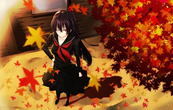 Picture autumn, leaves, girl, smile, the wind, schoolgirl, art, kanoa yuuko, tasogare otome x amnesia, gensouki