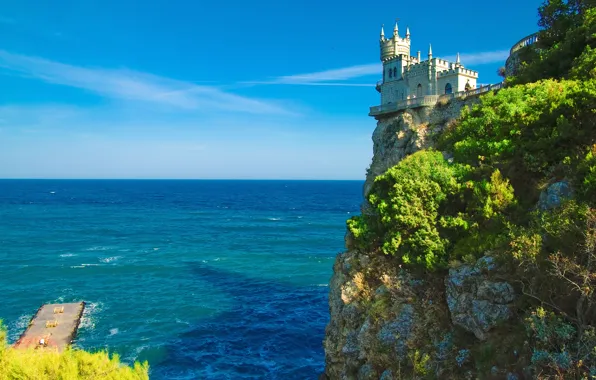 Picture sea, landscape, rock, castle, shore, pier, horizon, Ukraine, Lazur, Crimea, Swallow's nest, Oldtime castle, rock