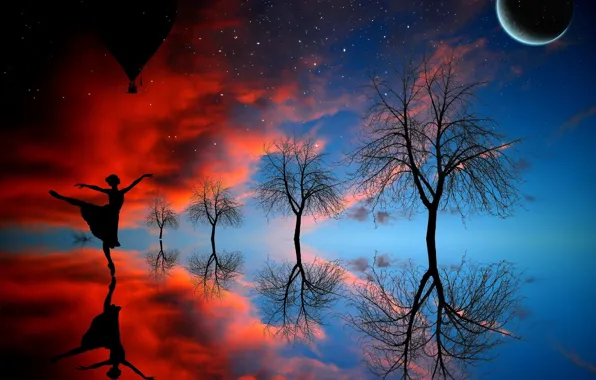 Picture girl, trees, the moon, dance