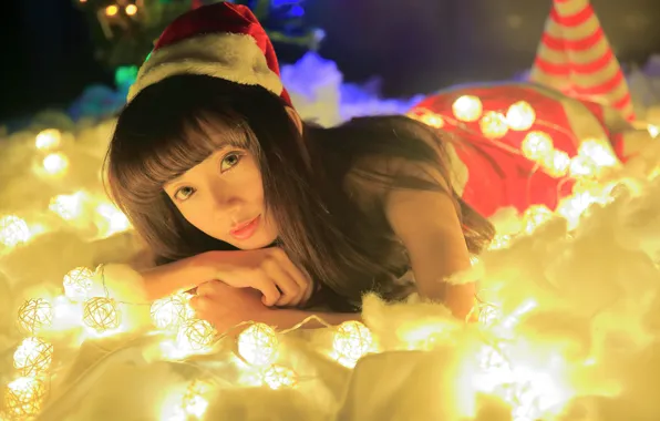 Picture look, girl, lights, holiday, Asian, garland
