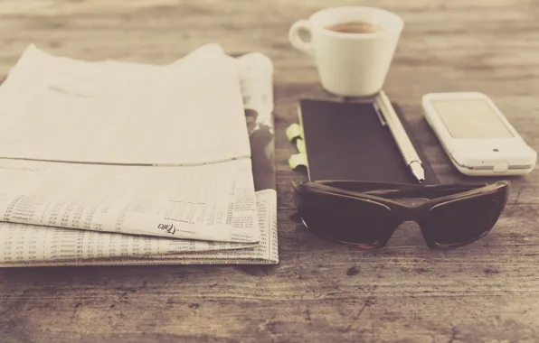 Picture coffee, glasses, handle, Cup, newspaper, Notepad, press, photo, photographer, smartphone, markus spiske
