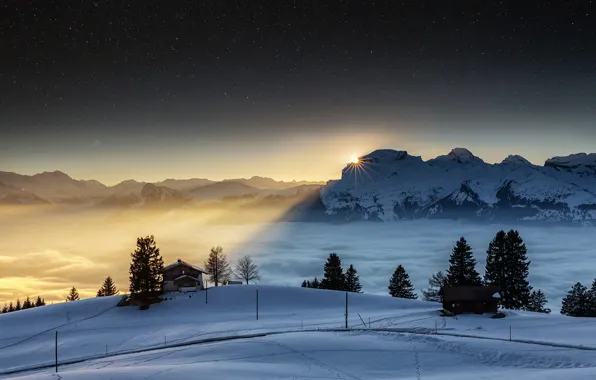 Picture winter, the sky, the sun, stars, snow, mountains, night, the evening, Switzerland, Alps