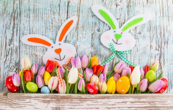 Picture flowers, eggs, Easter, tulips, bows, bunnies