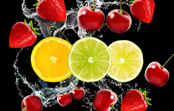 Picture water, cherry, berries, strawberry, fruit, citrus, black background, cherry, slices