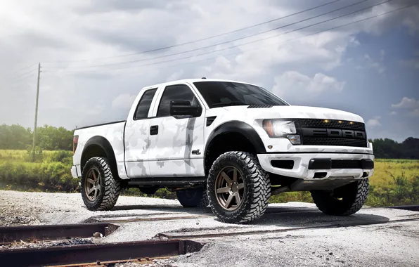 Picture white, the sky, clouds, rails, Ford, white, Ford, Raptor, pickup, Raptor, F-150, SVT, camouflage pattern
