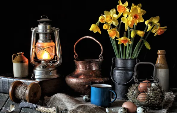 Picture flowers, eggs, lantern, dishes, still life, daffodils, copper