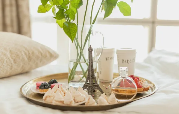 Picture Paris, Breakfast, morning, cookies, window, pillow, cake, tray, decanter