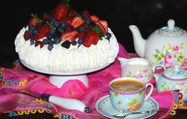 Picture berries, raspberry, coffee, strawberry, cake, dishes, dessert, blueberries, meringue, Pavlova