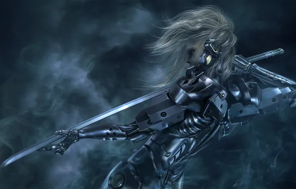 Picture girl, sword, katana, cyborg, Metal Gear Solid