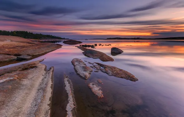 Picture the sky, water, clouds, trees, sunset, reflection, river, stones, rocks, shore, the evening, Norway