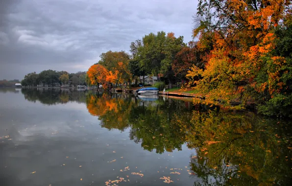 Picture autumn, the sky, leaves, water, clouds, trees, nature, lake, river, boat, house, backwater