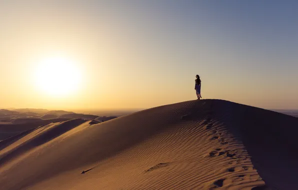 Picture girl, desert, sunset, sand, wind, sunlight, sunny, dunes, dry