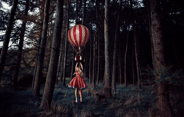 Picture forest, trees, balloon, the situation, girl, flight