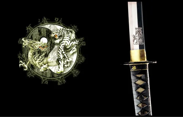 Picture tiger, dragon, katana, Japan, emblem, black background, arm, Ying-Yang