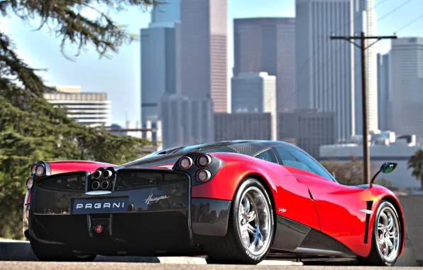 Picture Red, The city, Machine, City, Red, Pagani, Car, Car, Pagani, To huayr
