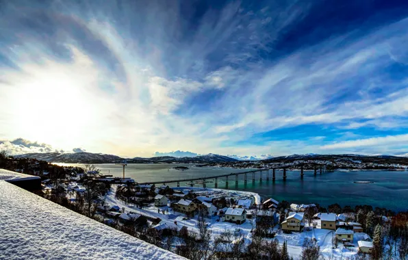Picture winter, the sky, clouds, snow, trees, mountains, bridge, home, Bay, Norway