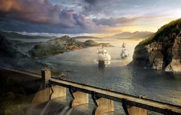 Picture landscape, birds, clouds, bridge, river, rocks, ships, dam, sailboats