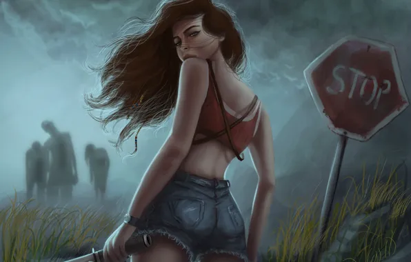 Picture look, girl, weapons, sign, hair, shorts, art, stop, knife, zombies, survival