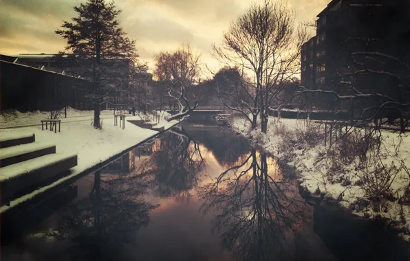 Picture water, snow, trees, bridge, the city, mediocrity, home, the evening