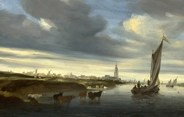 Picture the sky, clouds, landscape, boat, tower, picture, cows, mill, channel, sail