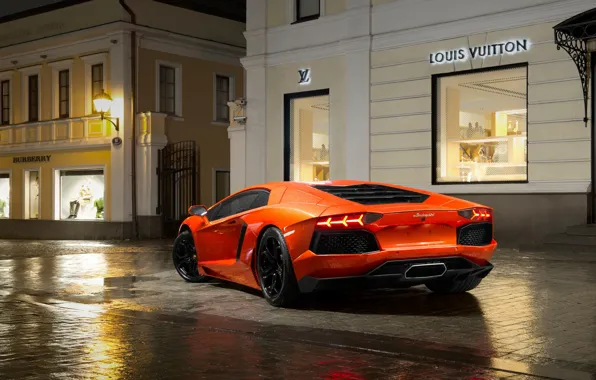 Picture Auto, Night, Lamborghini, Orange, Supercar, Lamborghini, LP700-4, Aventador, Puddles