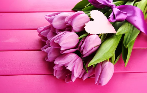 Picture flowers, heart, tape, tulips, pink, bow, heart, ribbon, lilac, postcard, purple